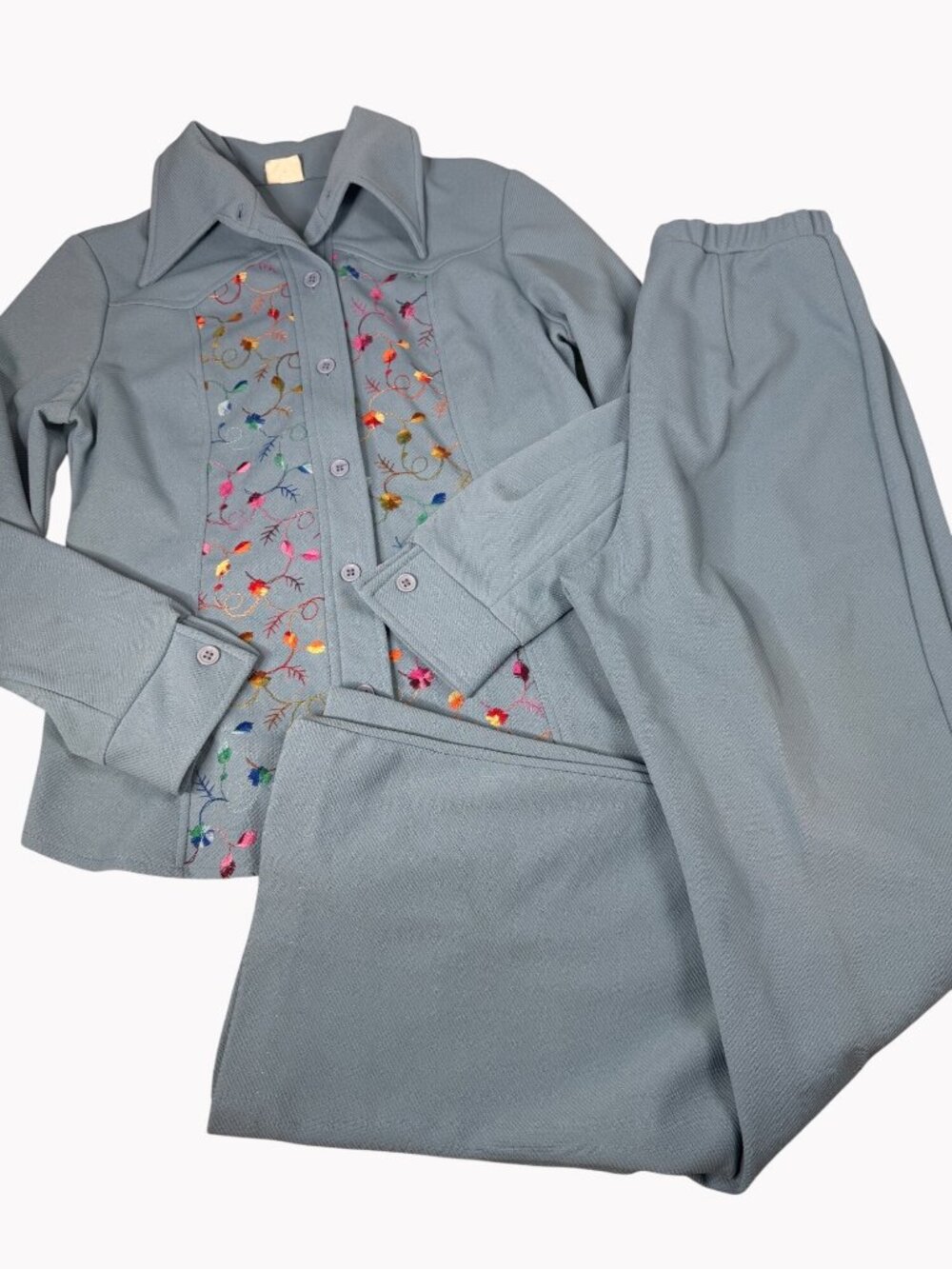 Vintage Womens 2pc Blue Embroidered Pantsuit Floral Button Top elastic pants